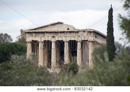 Cypress Tree Beside Ruined Temple Of Hephaistos