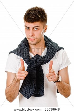 man pointing her finger at you
