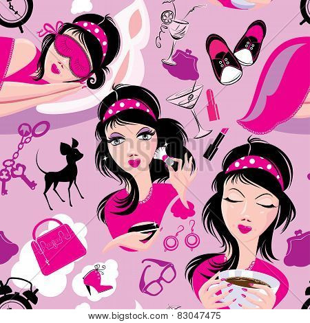 Seamless Pattern With Glamor Lovely Girls Slipping, Using Brush To Apply Make-up, Drinking Coffee. M