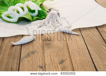 Fresh squid on wooden table