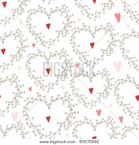 Vector hand drawn pattern with wreaths and red hearts