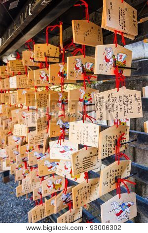Kiyomizu-dera Temple Kyoto,, Japan - October 24, 2014: A Japanese Votive Plaque(ema) Hanging In Kiyo
