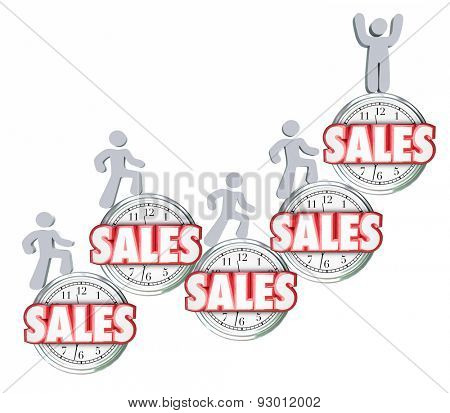 Sales over time illustrated by 3d word on clocks to illustrate achieving or reaching top quota or goal for selling products or services