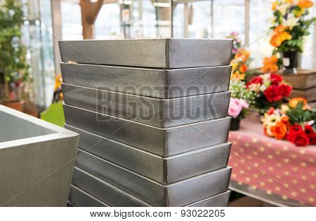 Ceramic flower pots in the garden shop.