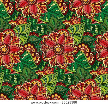 Seamless Vector Pattern With Doodle Flowers And Leaves.