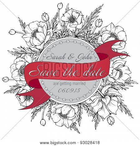 Vintage Elegant Wedding Invitation Or Card Save The Date With Graphic Flowers (trollius)