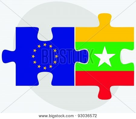 European Union And Myanmar Flags In Puzzle