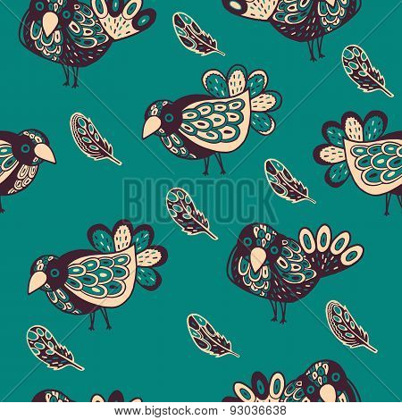 Vector Decorative Birds Seamless Pattern With Feathers. Hand Drawn Cute Doodle Birds Seamless.