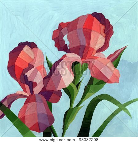 Vector Hand Drawn Watercolor Red Iris Flowers On Turquoise Background. Decorative Polygon Iris Backg