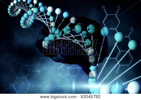 brain against blue dna strand with chemical structures