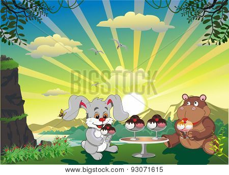 Picture - Bunny And Hippo With Ice Cream Outdoors [