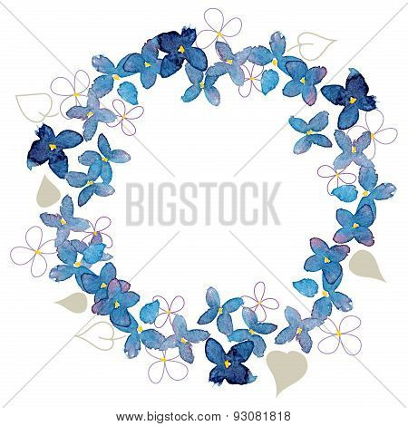 lilac  flower and leaves watercolor round border on white background
