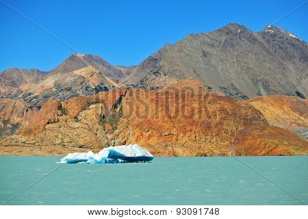 Unique lake Viedma in Argentine Patagonia. Excursion by boat on a cold lake waters to a huge iceberg.