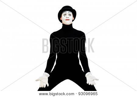 Portrait of a male mime artist. Isolated over white.