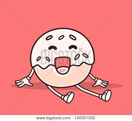 Vector illustration of bright color sitting smile donut with hands and legs on red background. Creative cartoon donut concept. Doodle style. Thin line art flat design of character donut for positive relax time theme