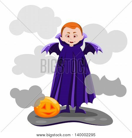 Pale skin is a vampire with red eyes and wings smiling, Vector illustration of the Halloween character.