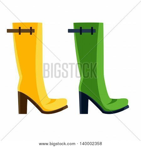 cartoon set of yellow and green rubber boots with heels, vector design for custom interface, vector icon, vector illustration