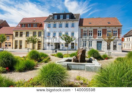Buildings with blue sky in Loitz (Germany).