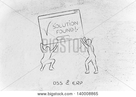 team lifting up a pop-up message with Solution Found concept of business intelligence and decision support systems