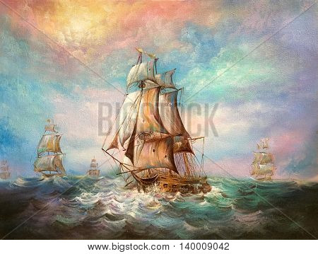 Painting of The Sailing Ship in the beautiful ocean.