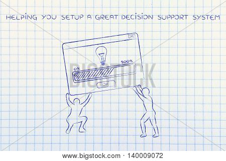 team lifting up a pop-up message with Solution or Idea (lightbulb) concept of business intelligence and decision support systems