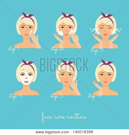 Face care routine. Girl Cleaning And Care Her Face With Various Actions Set. Skincare vector.
