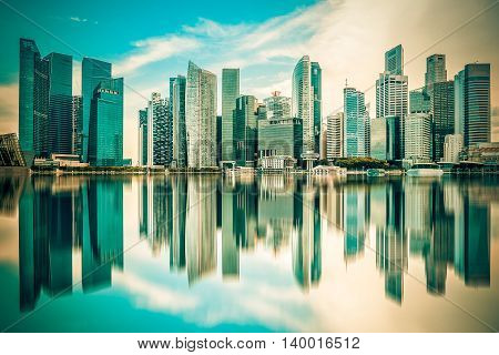 Vintage image of Singapore city skyline of business district downtown in daytime.