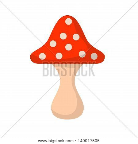 Vector illustration with isolated cartoon amanita. Poisonous mushroom for nature forest autumn design. Cartoon red toxic mushroom. Forest organic natural background. Vector amanita icon illustration