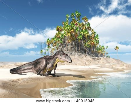 Computer generated 3D illustration with the dinosaur Tyrannotitan at the beach