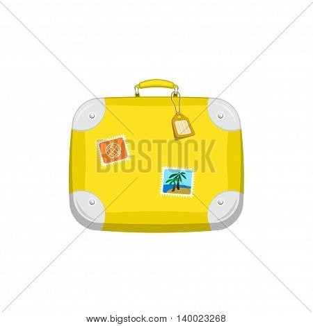 Yellow travel bag suitcase with stickers on isolated white background. Summer travel handle luggage. Flat vector icon illustration.