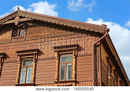 House is in Russian style of the second half of the 19th century with a wooden facade, Andriyivskyy Descent 19, Kyiv, Ukraine