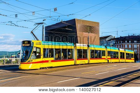 Basel, Switzerland - June 9, 2016: Stadler Tango tram in the city centre of Basel.