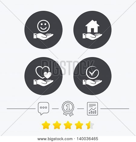 Smile and hand icon. Heart and Tick or Check symbol. Palm holds house building sign. Chat, award medal and report linear icons. Star vote ranking. Vector