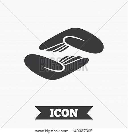 Helping hands sign icon. Charity or endowment symbol. Human palm. Graphic design element. Flat helping hands symbol on white background. Vector