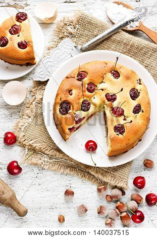 Pie with cherry and hazelnut homemade summer pastry