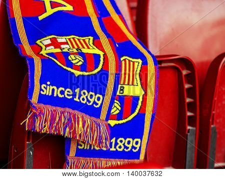 BARCELONA,SPAIN-MARCH 2015: FC Barcelona fan's scarf
at the seat on Camp Nou stadium