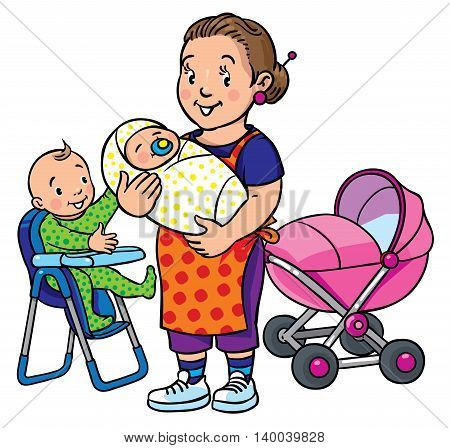 Children vector illustration of funny smiling woman, mother or nanny with a baby and another one on the highchair near the stroller. Profession ABC series.