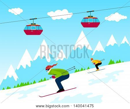 Winter time ski resort with people skiing and cableway with cabins and snow mountains and clouds