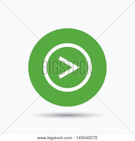 Arrow icon. Next navigation symbol. Flat web button with icon on white background. Green round pressbutton with shadow. Vector