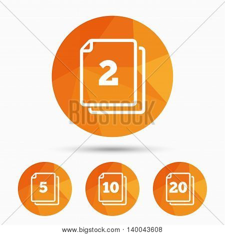 In pack sheets icons. Quantity per package symbols. 2, 5, 10 and 20 paper units in the pack signs. Triangular low poly buttons with shadow. Vector