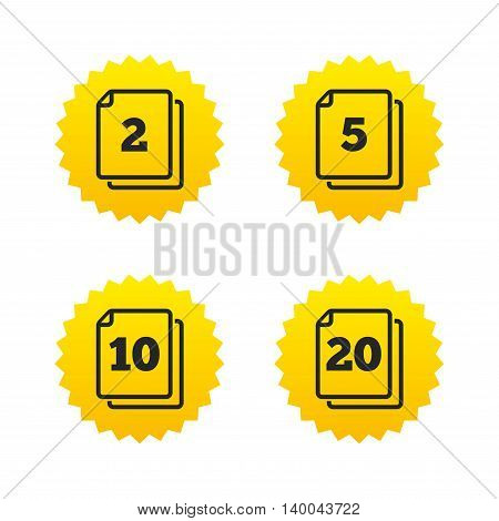 In pack sheets icons. Quantity per package symbols. 2, 5, 10 and 20 paper units in the pack signs. Yellow stars labels with flat icons. Vector