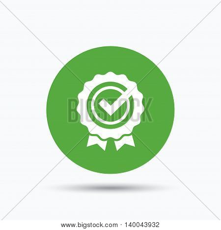 Award medal icon. Winner emblem with tick symbol. Flat web button with icon on white background. Green round pressbutton with shadow. Vector