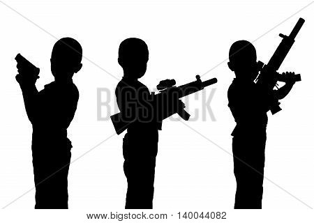 Set of black silhouettes. Boy child with a toy gun isolated on a white background. Monochrome image.