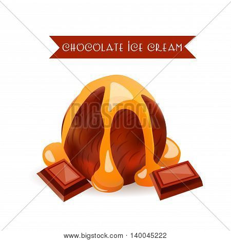 Chocolate Ice Cream Scoop. Dessert Flavor with liquid Caramel. Vector Isolated Product.