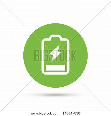 Battery power icon. Charging accumulator symbol. Flat web button with icon on white background. Green round pressbutton with shadow. Vector