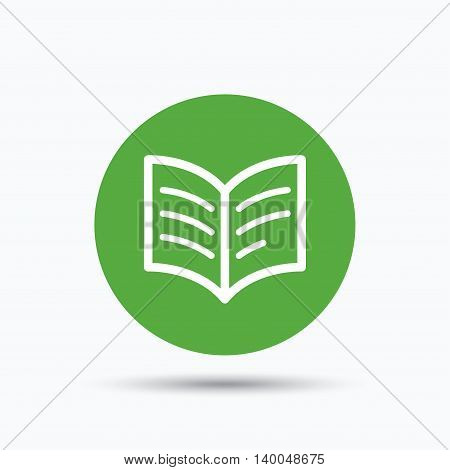 Book icon. Study literature sign. Education textbook symbol. Flat web button with icon on white background. Green round pressbutton with shadow. Vector
