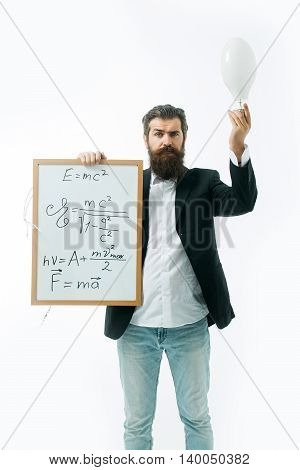 Bearded Man With Einstein Formula And Newtons Law
