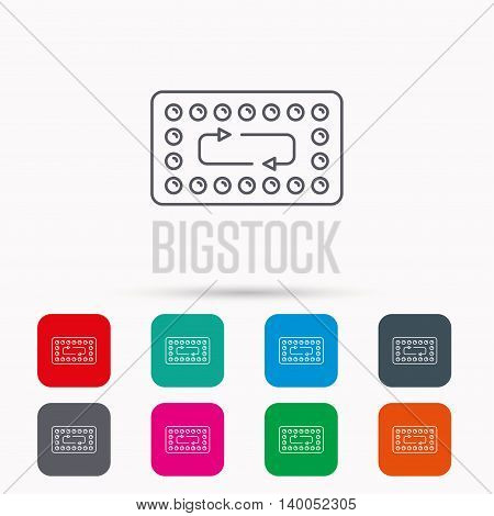Contraception pills icon. Pharmacology drugs sign. Linear icons in squares on white background. Flat web symbols. Vector