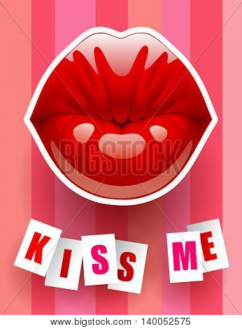 Female glossy kissing red lips with kiss me text. Valentine greeting card. Vector Illustration