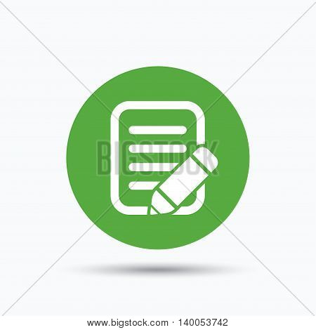 Edit icon. Pencil for drawing symbol. Flat web button with icon on white background. Green round pressbutton with shadow. Vector